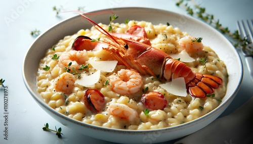 AI generative, White Bowl of Seafood Risotto with Fresh Thyme Garnish