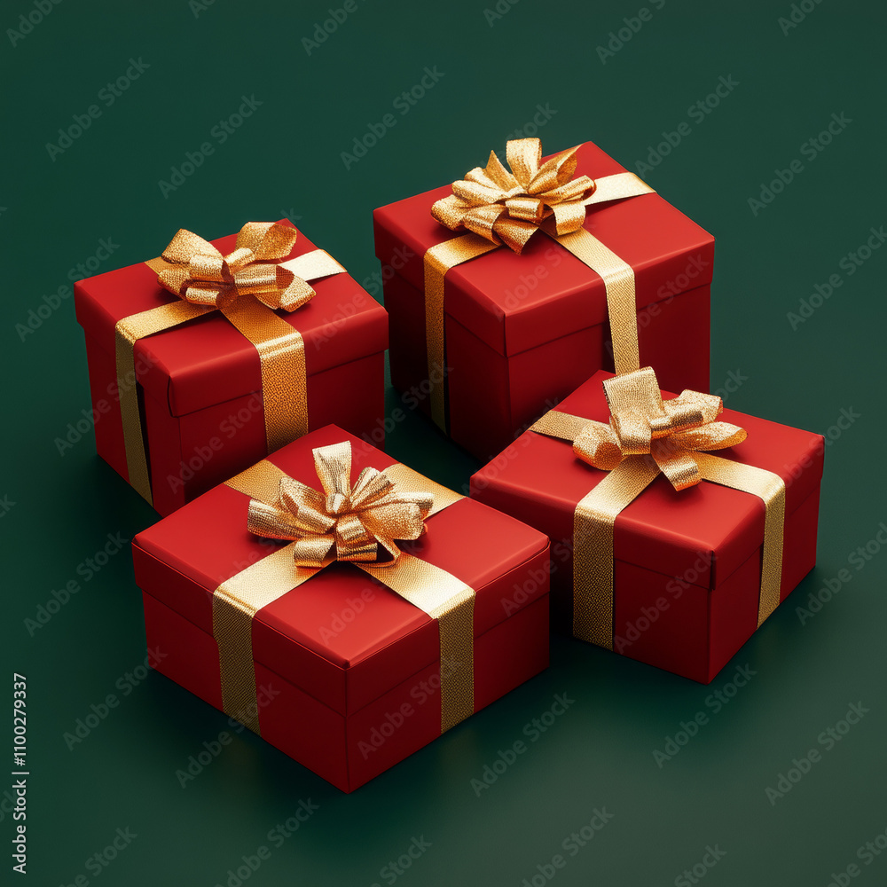 Obraz premium Elegant red gift boxes with gold ribbons on a festive green background, perfect for holiday or special occasion gifting.