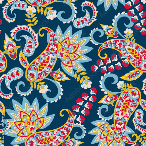 Digital vector textile print. Seamless Design suitable for covers, fabrics, textiles, wrapping paper, featuring an antique Thai pattern Paisley Indian motifs and decorative floral elements