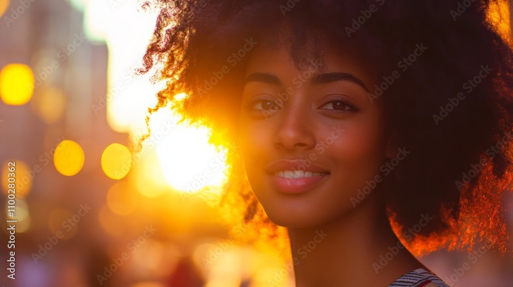 Fototapeta premium Smiling woman with curly hair in sunset glow, capturing vibrant city life and warm moments of joy. A perfect blend of happiness and beauty.