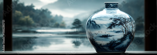 A beautifully detailed blue and white porcelain bottle featuring a traditional Chinese landscape painting, capturing the essence of Chinese artistry, culture, and craftsmanship in an elegant and timel photo