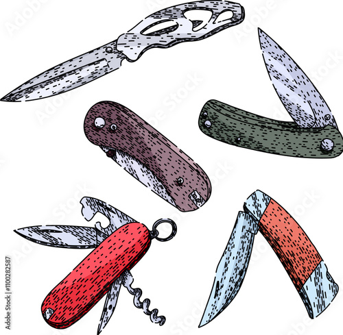 pocket knife set hand drawn. tactical multi, sharp compact, durable versatile pocket knife vector sketch. isolated color illustration