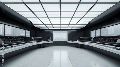 Modern Control Room Interior: Sleek Black and White Design with Central Text Space