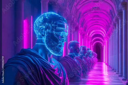 A modern reinterpretation of Raphael's School of Athens, where classical philosophers are replaced by famous AI pioneers like Alan Turing and futuristic robots.