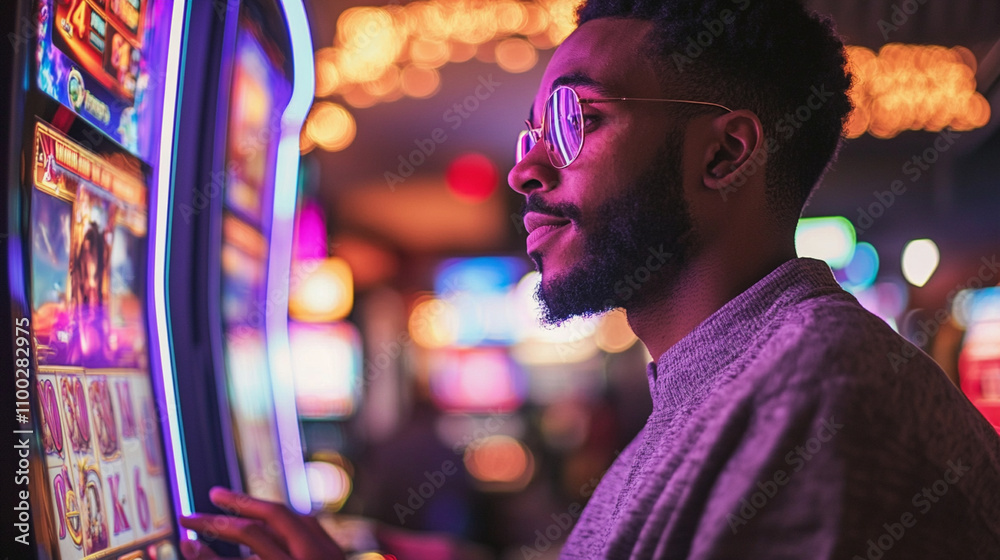 Fototapeta premium Young man enjoys slot machine in vibrant casino atmosphere during evening hours