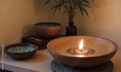 Candlelit meditation corner with wooden mala beads, books, and a potted plant creating a serene ambiance photo