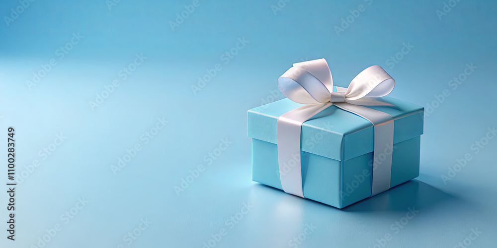 Obraz premium A light blue gift box tied with a white ribbon sits elegantly on a smooth blue background, creating a serene and inviting atmosphere perfect for celebrations or special occasions