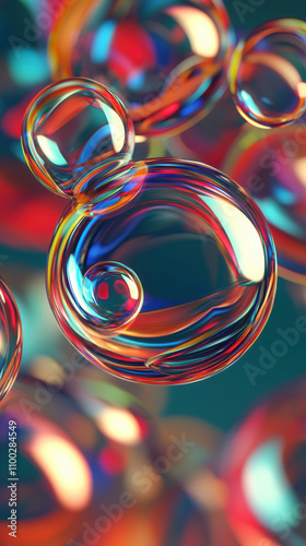 Colorful bubbles floating in dreamy, abstract background create mesmerizing visual experience. light refracts through bubbles, enhancing their beauty photo