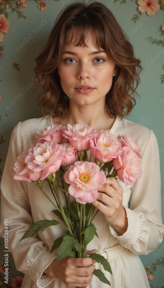 Young woman holding pink flower bouquet against floral background Young woman holding pink flower bouquet against floral background