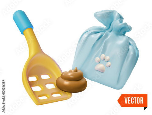 3d Pet Shop Concept Dog Accessories Waste Bag with Poop and Scoop Cartoon Design Style. Vector illustration