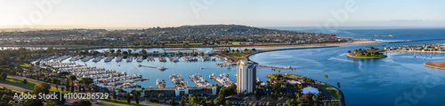 Aerial view of picturesque Mission Bay with boats and marina under a blue sky, San Diego, USA. photo