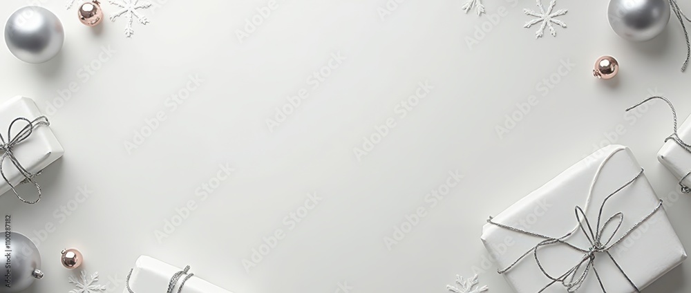 Fototapeta premium Minimalist Christmas Gifts Wrapped in Matte White Paper with Silver Strings