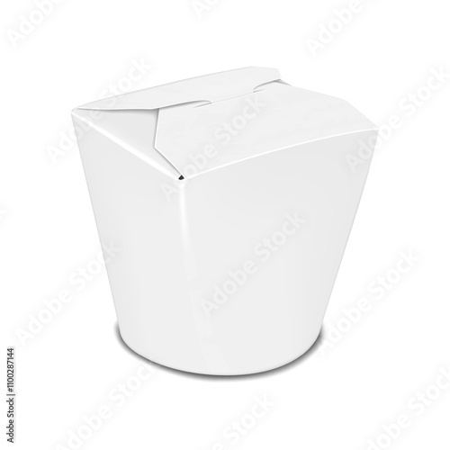 Chinese takeout round bottom paper noodle box. 3d mock-up. Blank white paperboard takeaway Asian food box. Realistic vector mockup. Eco wok container. Template for design