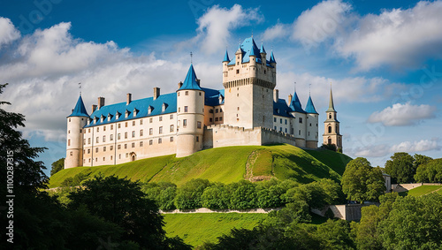 Elegant stone castle with blue roofs perched on green hill photo