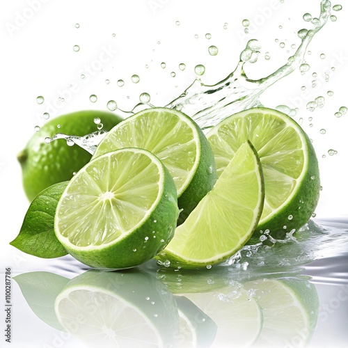Lime slices, lively atmosphere, water splash, refreshing composition, copy space