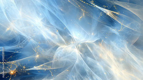 4K Abstract digital art, flowing waves of light, golden & blue tones. Depth and movement, PNG