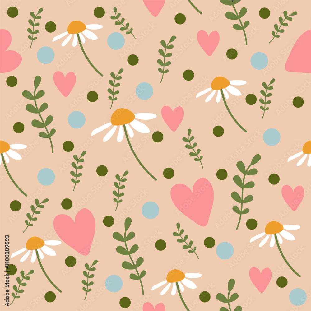 Fototapeta premium Floral Hearts and Dots Pattern