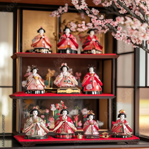 Hinamatsuri Japan of a decorative display of Hina dolls in traditional Japanese attire, with cherry blossoms in the background. photo