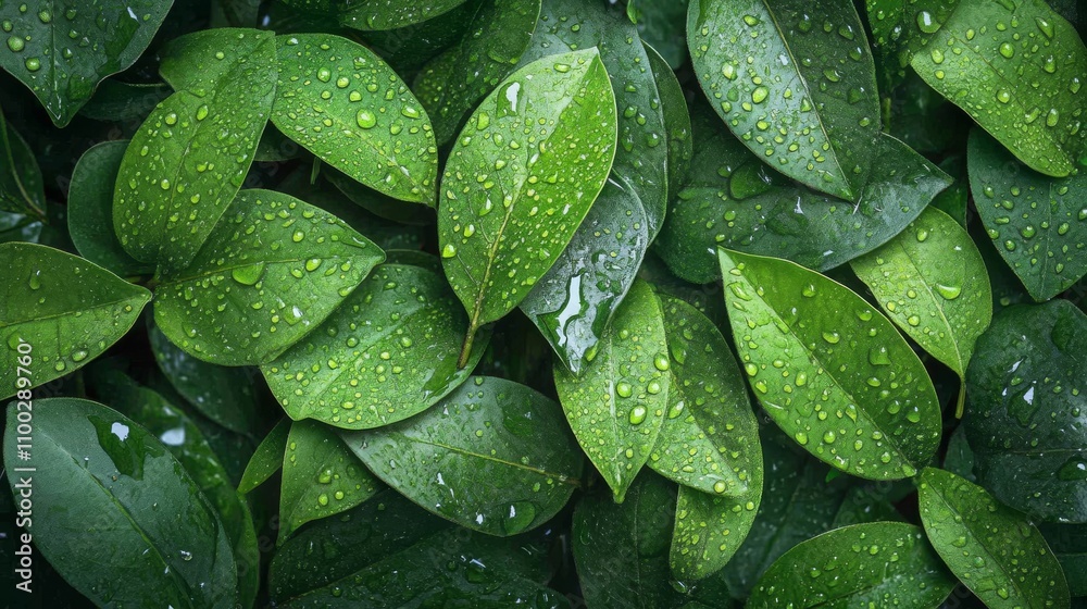 Obraz premium Lush Green Leaves Covered In Dew Drops