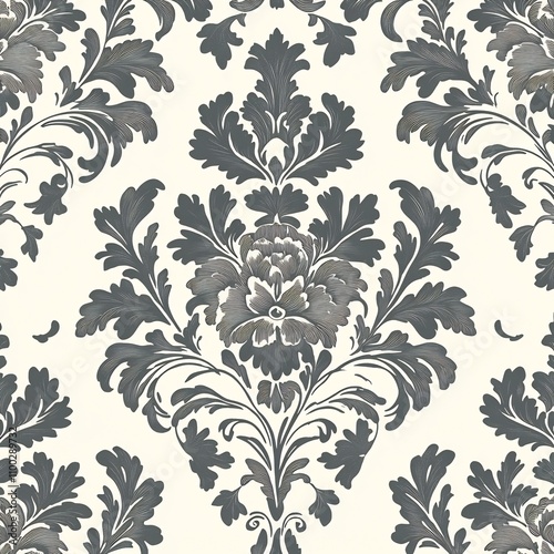 Intricately Detailed Victorian Style Damask Floral Pattern with Ornamental Flourishes
