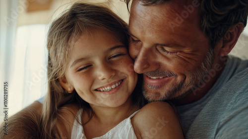 This is a heartwarming photo of a father and daughter smiling at each other, capturing a beautiful moment of familial love. photo