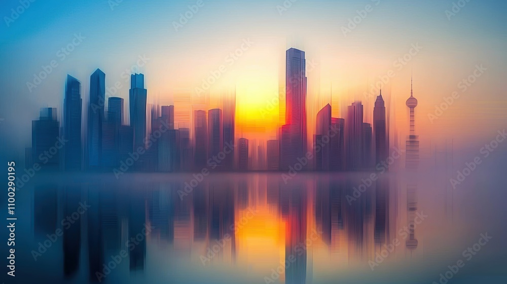 Fototapeta premium A serene city skyline at sunrise, enveloped in mist, reflecting on water, creating a tranquil and picturesque atmosphere.