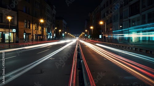 Vibrant city street with light trails at night.