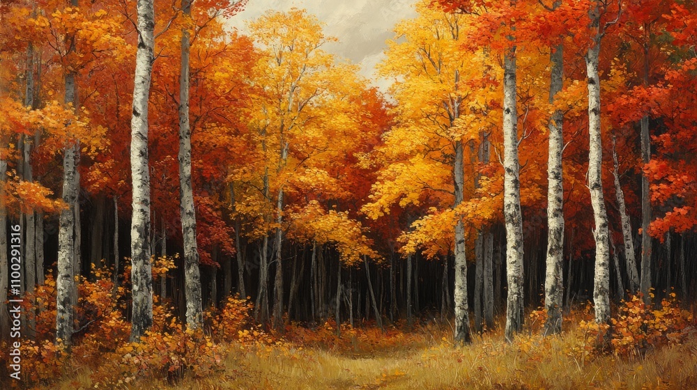 Fototapeta premium Autumnal Birch Forest Golden Hues Of Fall
