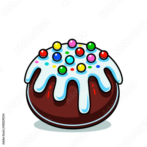 Traditional Easter cake with colored sprinkles and white icing. Vector illustration on white background