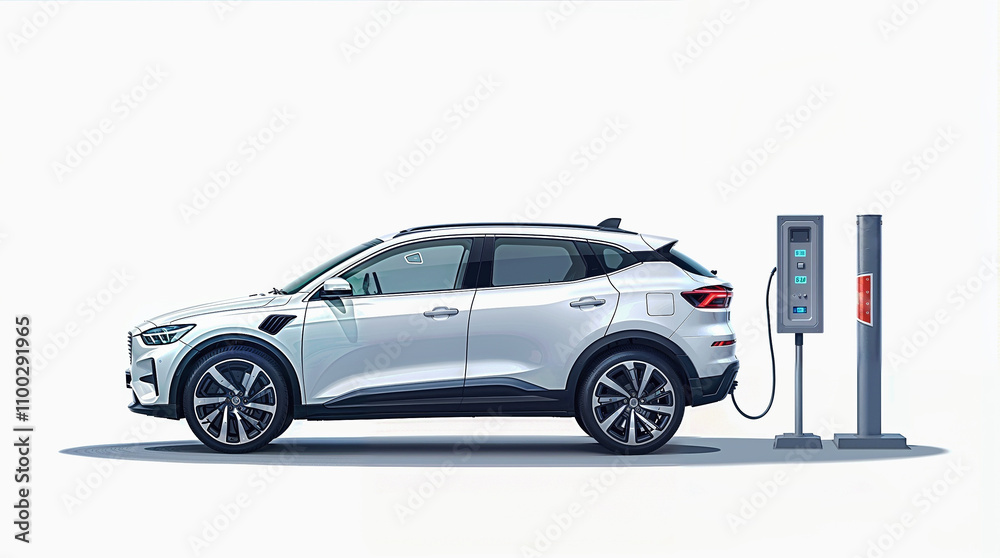 Naklejka premium Modern smart electric SUV vehicle charges at the charging station with plug-in cable. Flat vector concept isolated on white background. Electrifying the future of transportation. Vector illustration