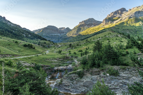 Aisa valley mountains at sunset in the occidental pyrenees valleys in the north of Spain. Huesca, Aragón, Spain.