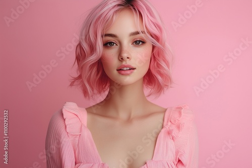 Wallpaper Mural Confident woman in pink dress and pink hair on a light pink background Torontodigital.ca