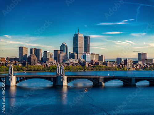 Aerial view of boston skyline with modern buildings and charles river, boston, united states. photo