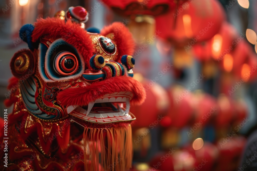 Fototapeta premium Vibrant chinese dragon mask at lunar new year festival