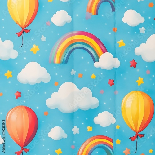 Whimsical Floating Balloons  Rainbows  and Clouds on a Sky Blue Background