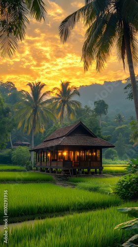 A captivating photograph of an old wooden hut surrounded by lush rice fields and palm trees, taken during golden hour with natural light using a Canon EOS camera, highlighting traditional Thai archite photo