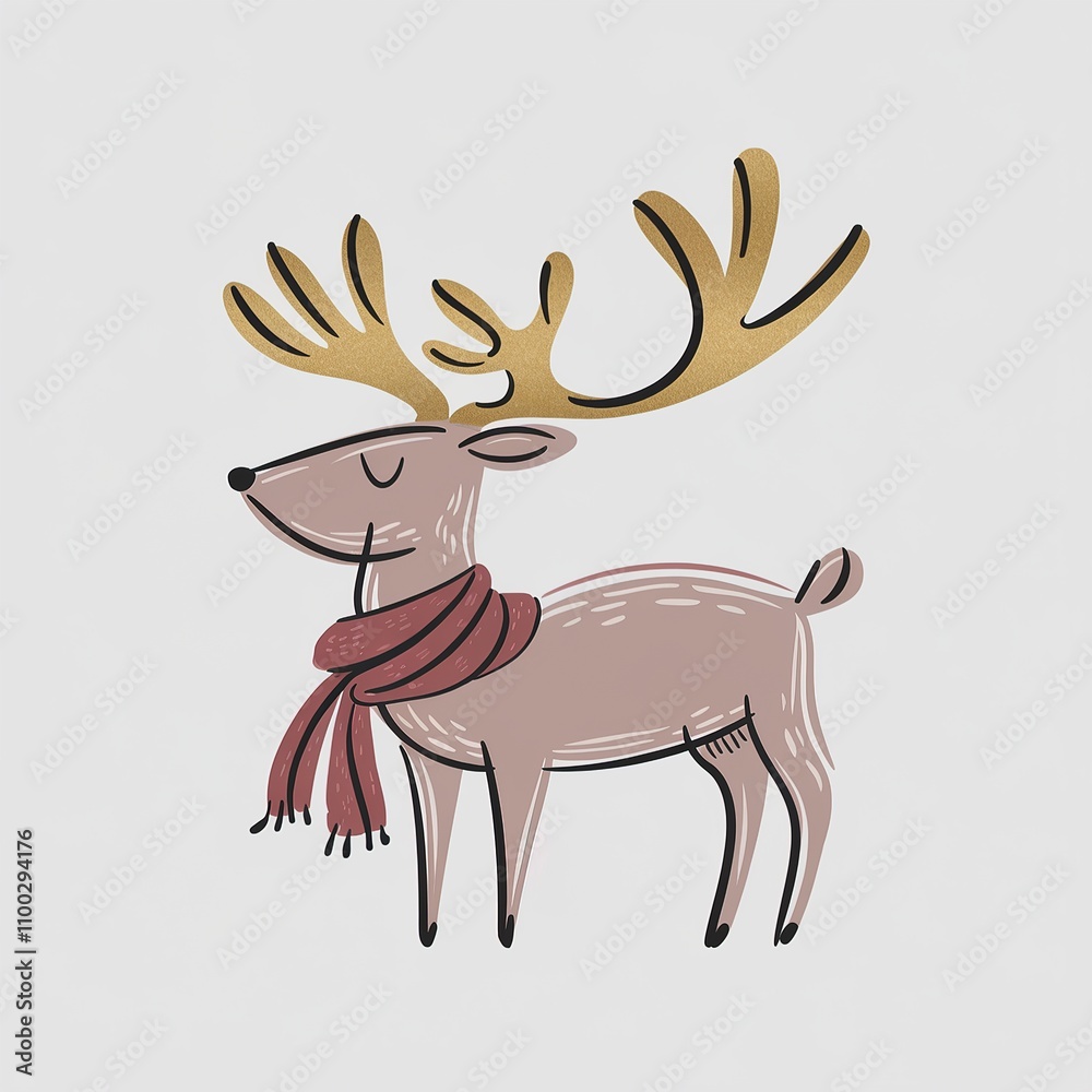 Fototapeta premium Cozy Christmas reindeer illustration wearing a festive red scarf and featuring stylized golden antlers.