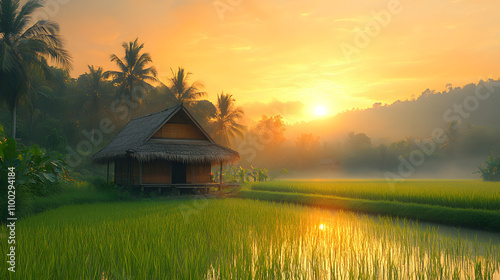 A captivating photograph of an old wooden hut surrounded by lush rice fields and palm trees, taken during golden hour with natural light using a Canon EOS camera, highlighting traditional Thai archite photo