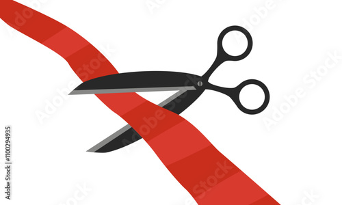 cissors cut a red ribbon on a white background