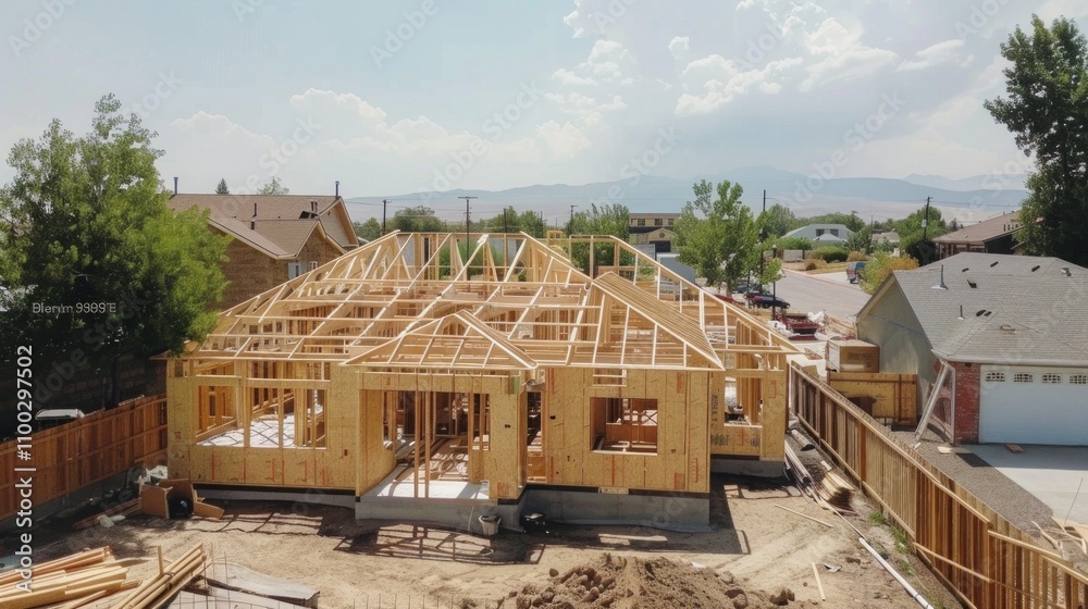 Fototapeta premium New house being built in suburban area, wooden framing underway on sunny day. Other houses with red roofs nearby, garage, cars, and construction materials visible.
