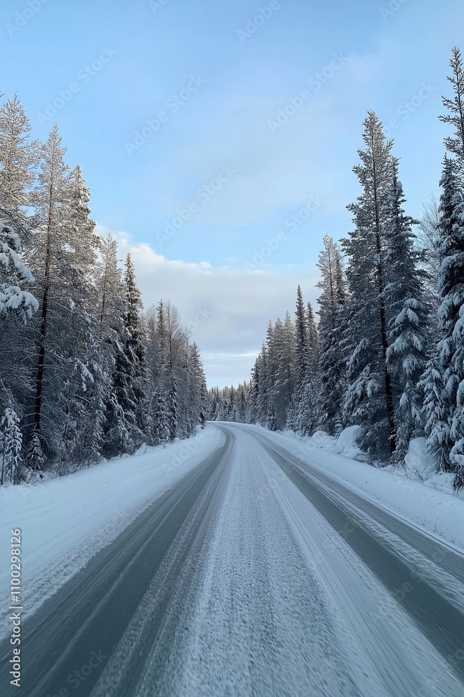 Fototapeta premium A snowy road with trees in the background. The road is empty and the sky is clear