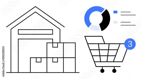 Warehouse with boxes, shopping cart with notification icon, pie chart and bar lines. Ideal for e-commerce, inventory management, logistics, online retail, supply chain, order fulfillment data