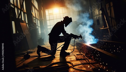 A welder working on metal in a workshop, silhouette, action photography, aesthetics, photo