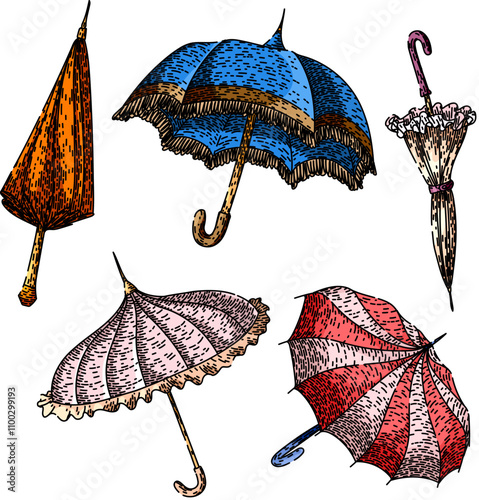 umbrella set hand drawn. classic antique, old fashioned, nostalgic heritage umbrella vector sketch. isolated color illustration