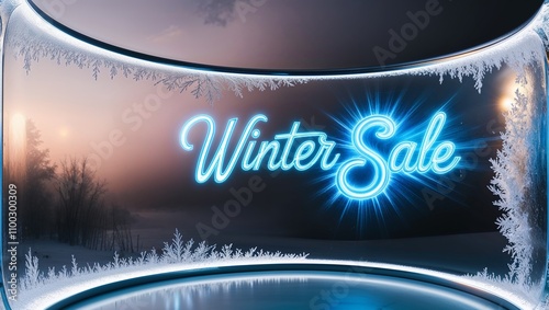Neon winter sale sign with frosted glass and scenic background