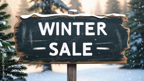 Rustic wooden winter sale sign in snowy outdoor forest
