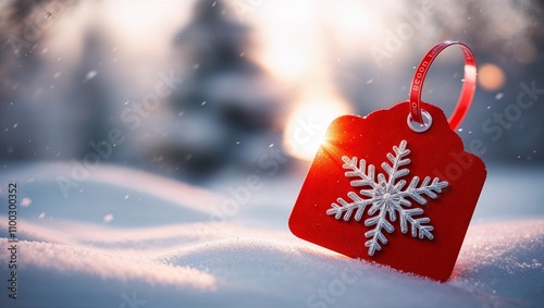 Red winter tag with snowflake design on snowy landscape at sunset