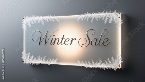 Elegant winter sale sign with frosted edges and soft backlighting