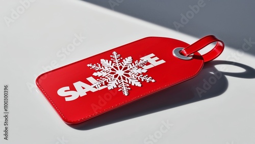 Red winter sale tag with snowflake design in sunlight
