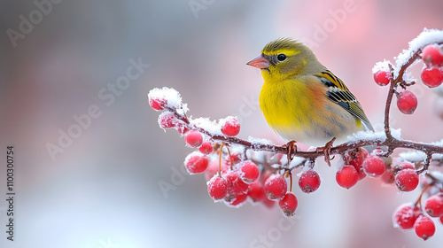 Delight in the Charming Sight of a Vibrant Eurasian Siskin Perched Frostily on an Alder Branch Above a Cozy Village photo